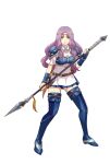 1girl armor armored_dress blue_footwear blue_skirt boots cirenk dress female_solo fire_emblem fire_emblem:_rekka_no_ken fire_emblem:_the_blazing_blade fire_emblem_blazing_sword florina florina_(fire_emblem) full_body green_eyes holding holding_spear holding_weapon lavender_hair long_hair looking_at_viewer nintendo pegasus_knight pleated_skirt simple_background skirt standing stockings thigh_high_boots weapon white_background white_dress