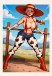 1girl ai_generated cow_print cowboy_boots cowboy_hat cowgirl elygordan elygordanart erect_nipples erect_nipples_under_clothes farm farm_girl farmgirl female_only gigantic_areola gigantic_ass gigantic_breasts gigantic_butt huge_ass huge_breasts huge_nipples jessie_(toy_story) looking_at_viewer patreon red_hair sling_bikini slingshot_bikini slingshot_swimsuit sun_hat toy_story toy_story_2