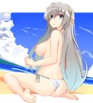 1girl 1girl 1girl :o anastasia_nikolaevna_romanova_(fate) anastasia_nikolaevna_romanova_(fate/grand_order) areola ass back bare_legs barefoot beach big_breasts bikini blue_eyes blush breasts brown_hairband cloud eyebrows_visible_through_hair fate/grand_order fate_(series) feet feet_towards_viewer female_only female_solo hagirussia_(sanyanyanya) hair_between_eyes hairband legs long_hair looking_at_viewer looking_back nipples nude_filter ocean open_mouth shunichi silver_hair sitting sky soles swimsuit third-party_edit thong toes topless wariza white_bikini white_swimsuit