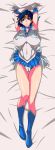  1girl ami_mizuno armpits arms_up bare_legs bed bishoujo_senshi_sailor_moon blue_boots blue_eyes blue_hair blue_skirt boots breasts cameltoe choker clothed dakimakura elbow_gloves erect_nipples gloves high_res highres huge_breasts knee_boots kunifuto large_breasts leotard lying mizuno_ami nipples_visible_through_clothing pantyshot sailor_mercury sailor_moon serafuku short_hair skirt solo thigh_gap tiara white_gloves 