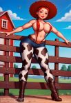  1girl ai_generated cow_print cowboy_boots cowboy_hat cowgirl elygordan elygordanart erect_nipples erect_nipples_under_clothes farm farm_girl farmgirl female_only gigantic_areola gigantic_ass gigantic_breasts gigantic_butt huge_ass huge_breasts huge_nipples jessie_(toy_story) looking_at_viewer patreon sling_bikini slingshot_bikini slingshot_swimsuit toy_story toy_story_2 