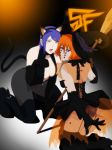 2girls 5mn ajisai animal_ears blue_eyes breasts broom cat_ears cat_tail cleavage dress eyeshadow flower halloween hat highres kneel kneeling konan labret_piercing makeup multiple_girls naruto naruto_shippuuden open_mouth orange_hair pain_(chikushoudou) pain_(naruto) paw_pose stiky_finkaz stockings tail thighhighs trick_or_treat witch witch_hat