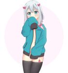  1girl absurd_res amrb blush clothed_masturbation covering covering_crotch covering_mouth ecchi egg_vibrator embarrassed eromanga_sensei female_masturbation hiding high_res izumi_sagiri looking_at_viewer masturbation midriff midriff_peek navel nervous sex_toy shirt shy stockings stomach vibrator vibrator_in_thighhighs 