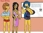 big_breasts breasts cleavage hot_pants manjula_nahasapeemapetilon marge_simpson maude_flanders smile the_fear the_simpsons underboob yellow_skin