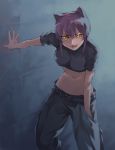  1girl animal_ears babydoll_t-shirt breasts cargo_pants crop_top deyuuku fangs glowing glowing_eyes kaibutsu_oujo midriff monster_princess navel pants princess_resurrection purple_hair riza_wildman short_hair solo yellow_eyes 