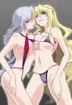 2girls angeldust big_breasts bikini blonde_hair blush breast_press breasts brown_eyes erect_nipples female hair hair_ribbon large_breasts long_hair micro_bikini multiple_girls naughty_face navel purple_eyes ribbon silver_hair sling_bikini smile string_bikini swimsuit symmetrical_docking touhou very_long_hair yagokoro_eirin yakumo_yukari yuri