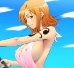 1girl breasts brown_eyes earrings erect_nipples female female_only hairu holding huge_breasts jewelry large_breasts nami one_piece orange_hair see-through short_hair sideboob solo tattoo