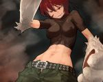 1girl abs babydoll_t-shirt breasts brown_hair cargo_pants crop_top erect_nipples kaibutsu_oujo lowleg lowleg_pants midriff monster_princess muscle navel number pants paws princess_resurrection red_hair riza_wildman sharp_teeth short_hair solo sun-3 unzipped