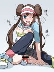 big_breasts blue_eyes blush breasts brown_hair censored creatures_(company) female female_protagonist_(pokemon_bw2) game_freak girl hairbun humans_of_pokemon large_breasts long_hair mei_(pokemon) nintendo pantyhose poke_ball pokemon pokemon_(anime) pokemon_(game) pokemon_black_2_&_white_2 pokemon_black_and_white pokemon_bw pokemon_bw2 porkyman pussy pussy_juice pussy_juice_puddle rosa_(pokemon) shoes shuusaku_(shoh) smile sneakers white_pupils