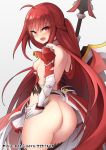  1girl 1girl 1girl ass back black_legwear blush breasts cape elesis_(elsword) elsword eyebrows_visible_through_hair from_behind gloves grand_master_(elsword) grey_background holding holding_spear holding_weapon large_ass long_hair looking_at_viewer looking_back nipples open_mouth polearm red_eyes red_hair revision shield simple_background small_breasts spear standing stockings symbol-shaped_pupils teeth torn_clothes very_long_hair waero watermark weapon web_address white_gloves 