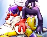 breast_grab breasts bukkake deepthroat digimon digimon_tamers facefuck fellatio fuck furry impmon lactation milk oral renamon vixentamer_(artist)