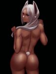 1girl 1girl animal_ear_fluff animal_ears ass ass_focus back bangs black_background bunny_ears bunny_tail cowboy_shot dark_skin eyebrows_visible_through_hair eyes_visible_through_hair from_behind high_resolution holding holding_towel long_hair looking_at_viewer mirko miruko_(boku_no_hero_academia) muscle my_hero_academia nude parted_bangs red_eyes shiny shiny_skin silver_hair simple_background smirk tail tanned thighs toned towel towel_around_neck usagiyama_rumi very_high_resolution zaki_(zaki_btw)