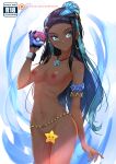  1girl 1girl 1girl aqua_eyes areola armlet belly_chain black_hair blue_eyes blue_hair blush breasts censored creatures_inc. dark-skinned_female dark_skin earrings eyeliner eyeshadow forehead game_freak gloves gym_leader high_resolution holding holding_object holding_poke_ball hoop_earrings jewelry long_hair makeup medium_breasts multicolored_hair necklace nessa_(pokemon) nintendo nipples nude partly_fingerless_gloves patreon_username poke_ball poke_ball_(generic) pokemon pokemon_(game) pokemon_sword_&amp;_shield single_glove sydusarts two-tone_hair 