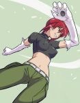  1girl babydoll_t-shirt belt breasts cargo_pants claws clenched_teeth crop_top elbow_gloves erect_nipples gloves kaibutsu_oujo maruto maruto! midriff monster_princess navel pants paws princess_resurrection red_hair riza_wildman short_hair solo teeth yellow_eyes 