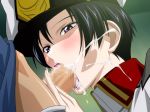  1girl black_hair blush censored cum cum_in_mouth cum_overflow ejaculation fellatio gundam gundam_seed hat lipstick lost_rarities makeup military military_uniform natarle_badgiruel oral overflow peaked_cap penis purple_eyes saliva short_hair solo_focus soul_foundation sweat takapiko uniform 