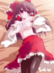 1girl armpits breast_grab breast_squeeze breasts brown_legwear covering female grabbing hakurei_reimu hazumi_miruku miuku_(marine_sapphire) pantyhose red_eyes reimu_hakurei ribbon solo topless touhou