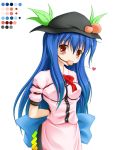 1girl arms_behind_back bdsm blue_hair blush bondage bound bound_wrists breast_bondage color_guide food fruit gag gagged hat hinanawi_tenshi long_hair maullarmaullar peach ribbon ribbons simple_background solo tenshi_hinanai touhou white_background