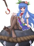  1girl blue_hair crotch_seam feet female food fruit hat highres hinanawi_tenshi keystone kuro_suto_sukii long_hair panties panties_under_pantyhose pantyhose pantyshot peach red_eyes rope shimenawa solo sword sword_of_hisou tenshi_hinanai toes touhou underwear upskirt weapon 