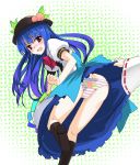  1girl bad_id blue_hair blush female food fruit gochou_(atemonai_heya) gochou_(comedia80) hakurei_reimu hat hinanawi_tenshi long_hair panties pantyshot peach print_panties printed_panties red_eyes skirt skirt_lift solo_focus tears tenshi_hinanai touhou underwear 