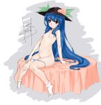 1girl bad_id blue_hair bobby_socks female flat_chest food footwear fruit hat hinanawi_tenshi kirisato_itsuki legs long_hair nude oekaki panties panty_pull peach red_eyes sitting socks solo tenshi_hinanai touhou underwear white_legwear