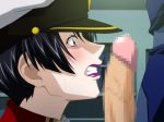  angry black_hair blush censored gundam gundam_seed hat lipstick lost_rarities makeup military military_uniform natarle_badgiruel penis penis_awe purple_eyes scared short_hair soul_foundation surprised sweat takapiko uniform 