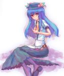  1girl blue_hair female flat_chest food fruit hat hinanawi_tenshi juuka@100neko long_hair peach ribbon ribbons solo tears tenshi_hinanai touhou 