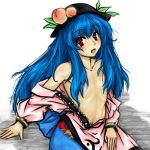  1girl blue_hair blush dress female flat_chested food fruit hat hinanawi_tenshi long_hair misogi open_clothes open_shirt peach red_eyes shirt small_breasts solo tenshi_hinanai topless touhou 