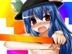  1girl blue_hair bust female flat_chest food fruit hat hinanawi_tenshi nipples peach solo sword sword_of_hisou tears tenshi_hinanai touhou weapon 