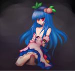  1boy 1girl bad_id blood blue_hair censored female flat_chested food fruit hat hinanawi_tenshi long_hair peach penis pussy red_eyes sex small_breasts tenshi_hinanai torn_clothes touhou vaginal virgin 