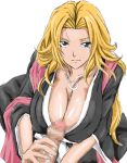 1girl big_breasts bleach blonde_hair blue_eyes breasts censored cleavage clothed_female_nude_male erect_nipples foreskin hair handjob huge_breasts kyabakurabakufu lips long_hair looking looking_at_partner looking_up matsumoto_rangiku nipples penis pink_hair pov rangiku_matsumoto short_hair solo_focus stroking stroking_penis