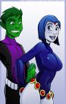 1boy 1girl beast_boy big_breasts big_penis breasts clothed clothing dc_comics dcau erection exposed_penis female green_eyes green_hair green_skin grey_skin grown_up hagfish huge_penis jordanmead_(artist) large_penis lipstick looking_back male male/female older_version penis purple_hair raven_(dc) shiny_skin short_hair teen_titans uncensored