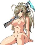 1girl 1girl ahoge amagi_brilliant_park arm_support bocodamondo breasts brown_eyes brown_hair gun high_resolution long_hair looking_at_viewer nipples nude panties rifle sento_isuzu striped striped_panties sweat underwear weapon wide_hips