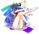  1girl blue_hair clothing dressing feet female female_only food footwear fruit hat headwear hinanawi_tenshi iseno iseno_yajin legs long_hair oekaki panties peach potential_duplicate sock_pull socks solo solo_female tenshi_hinanai touhou touhou_project underwear 