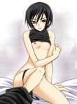  bad_id black_hair black_panties breasts code_geass flat_chest genderswap genderswap_(mtf) lelouch_lamperouge luluko panties panties_around_leg panties_around_one_leg purple_eyes shirt_lift short_hair sleeveless sleeveless_turtleneck solo turtleneck underwear yorushin 