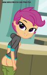  equestria_girls my_little_pony no_panties ponetan pulling_pants_down scootaloo small_breasts smiling unzipped_sweater_jacket 