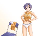  1girl black_hair chair cheerleader folding_chair kasuga_yukihito kugimiya_madoka madoka_kugimiya mahou_sensei_negima! navel negima panties short_hair smile solo underwear undressing white_panties 