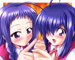  2girls ahoge ayase_yue blush braid censored hair_over_one_eye handjob mahou_sensei_negima mahou_sensei_negima! miyazaki_nodoka multiple_girls negima nodoka_miyazaki open_mouth penis purple_eyes purple_hair school_uniform studio_sunadokei sweat yue_ayase 