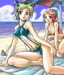 2girls bare_shoulders beach bikini braid breasts cleavage cosplay double_bun double_buns green_eyes jojo's_bizarre_adventure jojo's_bizarre_adventure jojo_no_kimyou_na_bouken jolyne_kujo kujo_jolyne kujo_jolyne_(cosplay) kuujou_jolyne kuujou_jolyne_(cosplay) long_hair mani_atsuko mitsurou momote_yaiko multicolored_hair multiple_girls red_hair redhead smile swimsuit taizou_mote_king_saga