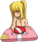 1girl blonde_hair blush breasts gift hair holding holding_gift horny lipstick love metroid nintendo nipples nude samus_aran solo tsundere valentine valentine's_day