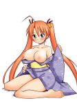 1girl big_breasts blush breasts cute heterochromia kagurazaka_asuna long_hair looking_at_viewer mahou_sensei_negima! nipples orange_hair sitting smile twin_tails