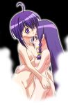  2girls ahoge ass ass_grab ayase_yue bangs black_background blue_eyes blush braid flat_chest gambler_club hair_over_eyes hug hugging long_hair mahou_sensei_negima mahou_sensei_negima! miyazaki_nodoka multiple_girls negima nodoka_miyazaki nude purple_eyes purple_hair simple_background smile steam yue_ayase yuri 