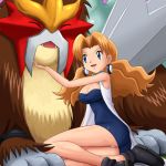  1girl :d ^_^ adult arm art ass babe bare_legs bare_shoulders big_breasts blue_eyes breasts brown_hair chin_grab cleavage closed_eyes dress earrings entei hair jewelry labcoat legs light_brown_hair looking_at_another lowres mii_snowdon molly_hale nintendo older open_mouth panties pantyshot pantyshot_(sitting) pokemoa pokemon pokemon_(anime) pokemon_(game) pokemon_(movie) pokemon_gsc shoes sitting smile snowdon_me soara thighs underwear vest 