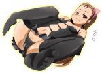  1girl bow brown_eyes brown_hair cameltoe feet idolmaster iori_minase knees_on_chest legs love_bulge minase_iori navel pov_feet solo thighhighs toe-point toes toudori 