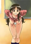  1girl alternate_costume azumanga_daioh azumanga_daiou bent_over big_breasts black_hair black_legwear bra breasts brown_eyes brown_hair chalkboard cirima classroom clothes_lift cosplay female_only footwear grin hanging_breasts indoors kneehighs leaning_forward legs lingerie long_hair long_sleeves nipples no_pants panties pussy school school_uniform serafuku shirt_lift smile socks solo_female standing tanizaki_yukari teacher thigh_gap thighs underwear undressing very_long_hair volvox white_bra white_panties yukari_tanizaki 