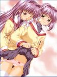  2girls ;p clannad fujibayashi_kyou fujibayashi_ryou hair_intakes incest kyou_fujibayashi multiple_girls one_eye_closed panties panty_pull ryou_fujibayashi school_uniform serafuku siblings sisters skirt skirt_lift thighhighs tongue tongue_out twincest twins underwear wink yuri 