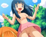 1girl :d arm arms art babe bare_arms bare_legs bare_shoulders blue_eyes blue_hair bracelet breasts cloud dawn dutch_angle erect_nipples from_below hairless_pussy hikari_(pokemon) legs long_hair looking_at_viewer nintendo nipples no_panties open_mouth outside pink_skirt piplup pokemoa pokemon pokemon_(anime) pokemon_(game) pokemon_dppt pussy sitting skirt sky small_breasts smile soara sparkle standing tent topless tree uncensored upskirt