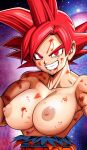 1girl battle_damage big_breasts blood blood_on_face dragon_ball_super genderswap genderswap goku grin injury looking_at_viewer muscular_female nekom14 nipples red_eyes red_hair super_saiyan_god topless torn_clothes torn_shirt