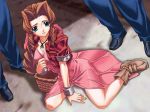 1990s_(style) 1girl 2boys aerith_gainsborough basket boots bow breasts brown_hair circke_nekodake cleavage cropped_jacket dress final_fantasy final_fantasy_vii green_eyes jacket jpeg_artifacts long_dress long_hair medium_breasts pink_bow pink_dress sitting solo_focus you_gonna_get_raped