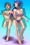  ahoge akizuki_ritsuko amanooni_touri azusa_miura barefoot bikini blue_hair blush braid breasts brown_hair cleavage glasses huge_breasts idolmaster long_hair miura_azusa open_mouth purple_hair red_eyes ritsuko_akizuki short_hair side-tie_bikini smile swimsuit twin_braids underboob wardrobe_malfunction yokkora 