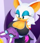 1boy 1girl anthro bat bat_wings big_breasts breasts cleavage clothed_female clothing eyeliner female_focus huge_breasts larger_female male male/female mature mature_female original_character rouge_the_bat sega size_difference slickehedge smaller_male sonic_the_hedgehog_(series) sportswear tagme video_game_character video_game_franchise